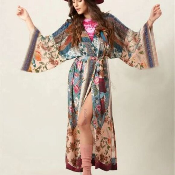 Ethnic Tribal Pattern Boho Belted Kimono, Long Wide Sleeve Loose Baggy Cover Up - Picture 2 of 5